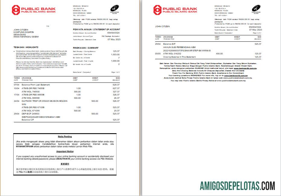 Extrato realista do Banco Islâmico Público da Malásia modelo Word e PDF, 2 páginas